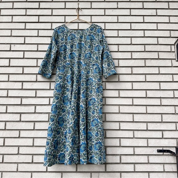 Rivaaj Blue Green Block Print Jacobean Floral Cotton Boho Cottagecore Midi Dress - Picture 4 of 8